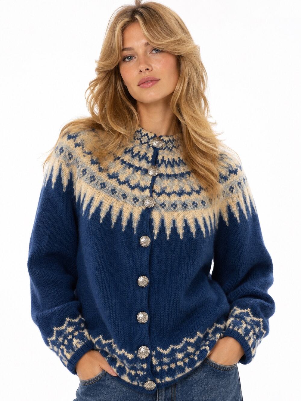 Vintage ‘60s Handmade Blue & Cream Wool Norwegian Fair Isle Cardigan Sweater